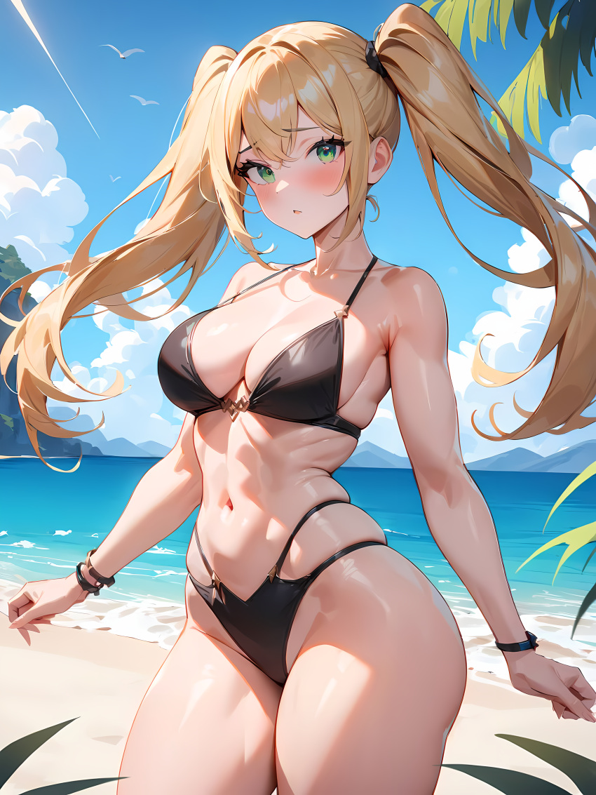 1girls ai_generated beach belly belly_button bikini blonde_hair blush breasts clothed clothed_female clothing eyebrows eyelashes female female_only fit_female green_eyes legs legs_together light-skinned_female light_skin medium_breasts navel open_eyes outdoor outdoors outside pale-skinned_female pale_skin sky solo solo_female standing stomach swimwear thick_thighs thighs twintails water white_skin