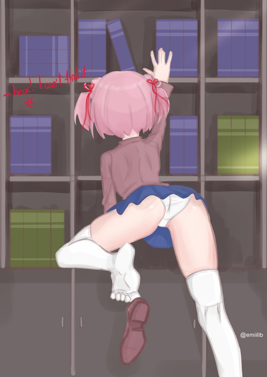 1female 1girls 5_fingers 5_toes anger_vein artist_name back_of_head blue_skirt book books bookshelf butt clothed clothed_female clothes clothing doki_doki_literature_club emiillb english_text female_focus natsuki_(doki_doki_literature_club) panties pink_hair red_text skirt socks solo_focus text twitter_username upskirt white_panties