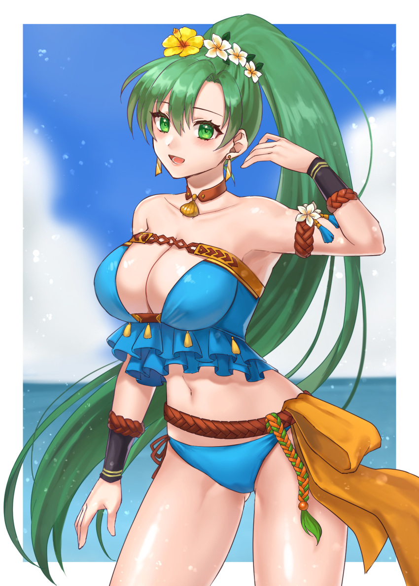 1girls :d alternate_costume bare_shoulders bikini blue_bikini blue_swimsuit breasts brown_choker choker cleavage earrings female female female_only fire_emblem fire_emblem:_the_blazing_blade fire_emblem_heroes frilled_bikini frills green_eyes hazuki_(nyorosuke) highres jewelry large_breasts leather_choker long_hair looking_at_viewer lyn_(fire_emblem) lyn_(summer)_(fire_emblem) nintendo official_alternate_costume open_mouth smile solo swimsuit very_long_hair