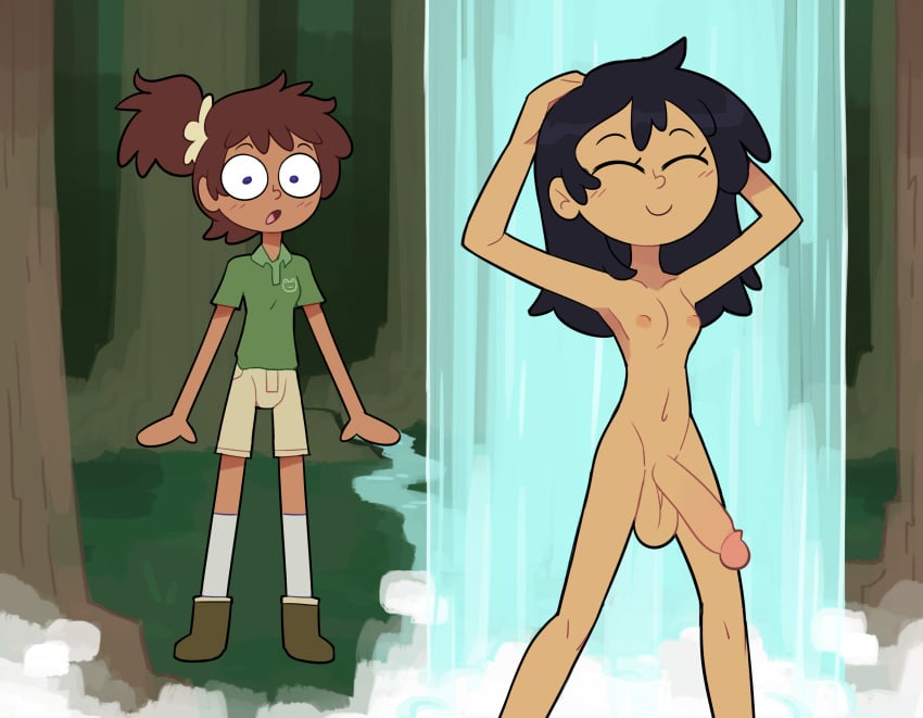 2futas amphibia amphibia_(series) anne_boonchuy areolae balls big_balls big_dick big_penis black_hair black_skin breasts brown_hair clothed clothing dick dickgirl disney disney_channel forest forest_background fully_clothed futa_only futanari human light_skin long_hair marcy_wu miscon nipples penis rain second-party_source shocked short_hair shower showering smooth_balls smooth_penis standing tan-skinned_futanari