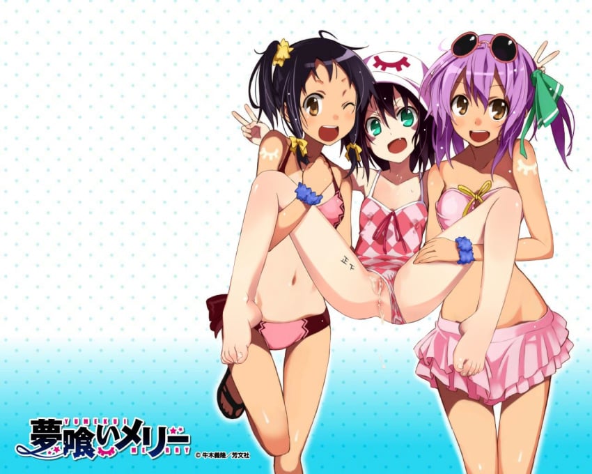 3girls body_writing cum cum_in_ass cum_inside cute_fang green_eyes hat kounagi_yui merry_nightmare midriff multiple_girls navel photoshop pointy_ears purple_hair ribbon short_hair smile spread_legs tachibana_isana uncensored wallpaper yumekui_merry