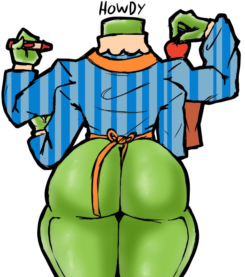 apple apron apron_from_behind bag big_ass big_butt boy_ass crayon fat_ass fat_butt four_arms four_legs four_thighs gay green_ass green_skin holding howdy_pillar howdy_pillar_(welcome_home) juicy_ass juicy_butt male_ass male_only round_ass thick_ass thick_thighs welcome_home welcome_home_(puppet_show) xkiwi_snakex