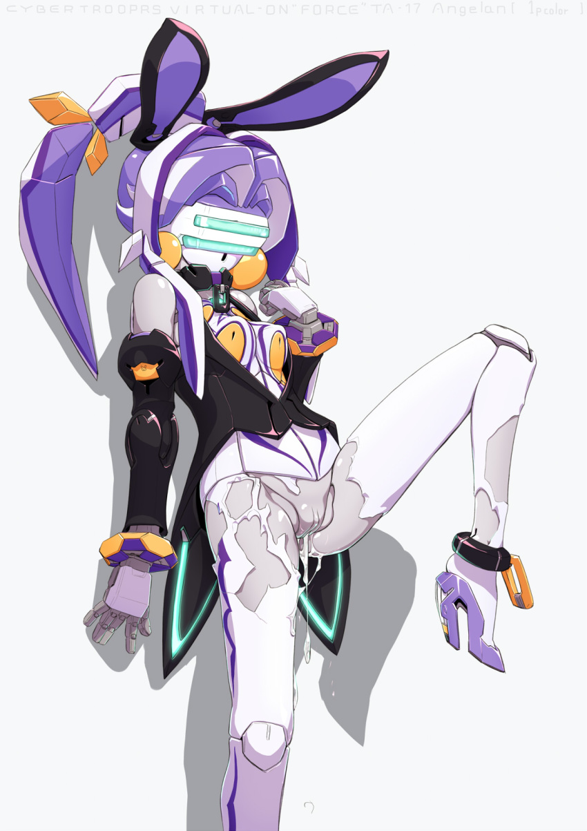 android animal_ears breasts bunny_ears clothes creampie cum cum_in_pussy cum_inside cumdrip doll_joints high_heels highres leg_lift machine mecha_musume musen-shiki_sanhankikan open_clothes open_shirt pantyhose purple purple_hair pussy robot robot_girl shirt torn_clothes torn_pantyhose vagina virtual_on