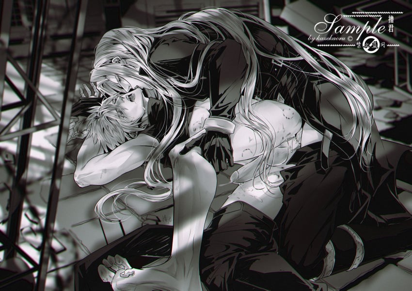 2boys anal anal_juice anal_sex ass bite bite_mark blurry_background blush cloud_strife cum cum_inside final_fantasy final_fantasy_vii floor_sex gay gay_anal gay_sex gloves half-closed_eyes hands_above_head long_hair lujunkazekaoru monochrome on_floor open_mouth saliva sample sephiroth spiky_hair square_enix tagme thigh_grab thighs undressing villain yaoi