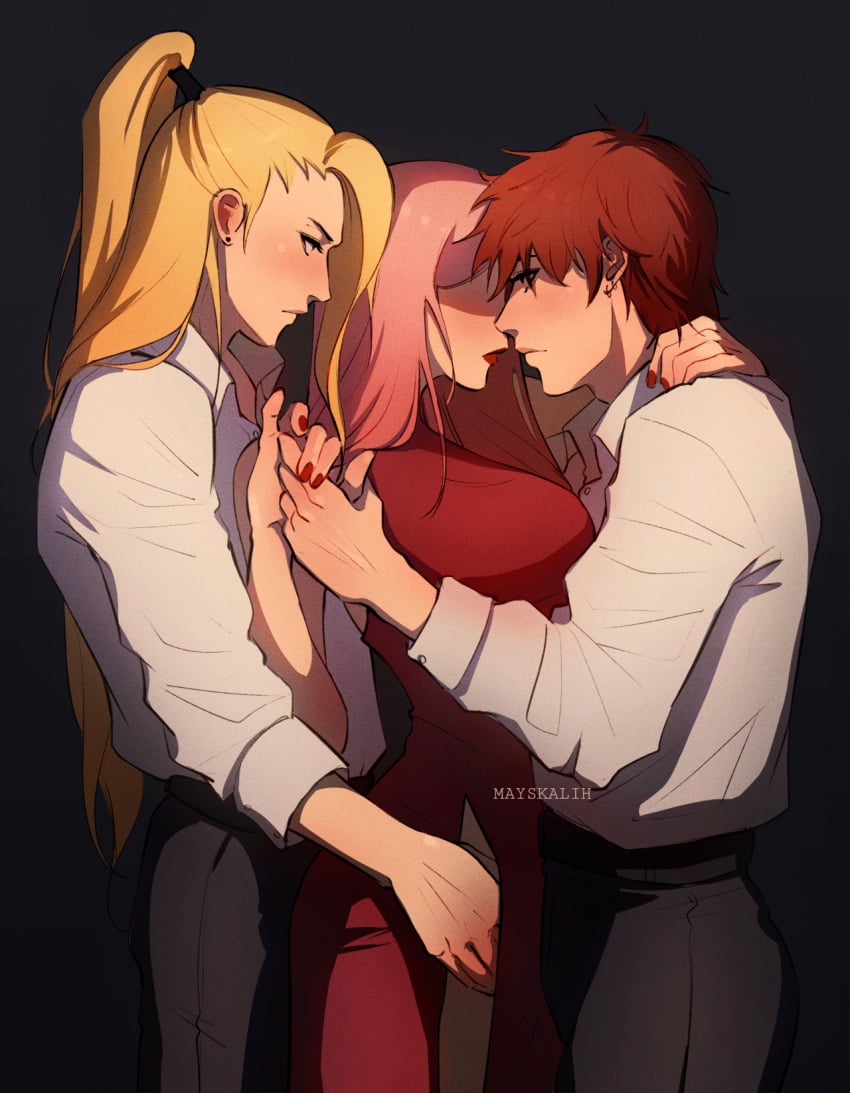 1girls 2boys blonde_hair deidara female hand_on_crotch hand_under_clothes high_slit_dress long_hair long_hair_male male male/female mayskalih naruto naruto_(series) naruto_shippuden pink_hair pressed_together red_hair red_lipstick red_nails sakura_haruno sandwiched sasori sensual slit_dress suggestive threesome