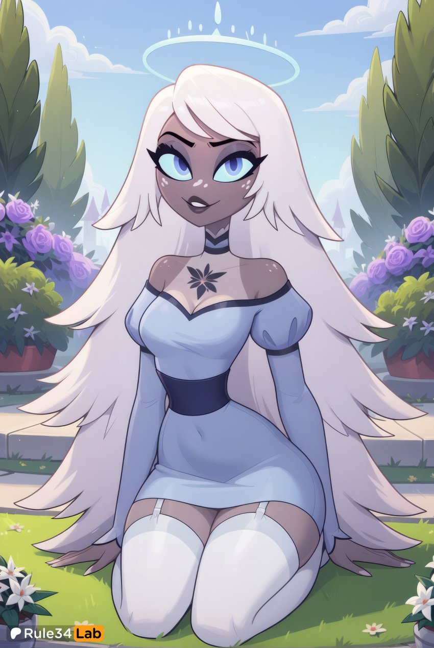 1girls ai_generated artist_name bare_shoulders blue_dress blue_eyes blue_sky breasts choker cleavage cloud dark-skinned_female dark_skin day dress emily_(hazbin_hotel) eyeshadow female flower garter_straps grass halo hazbin_hotel hi_res juliet_sleeves long_hair long_sleeves looking_at_viewer makeup medium_breasts off-shoulder_dress off_shoulder outdoors puffy_sleeves rule34lab seiza sitting sky smile solo thighhighs very_long_hair watermark white_hair white_thighhighs
