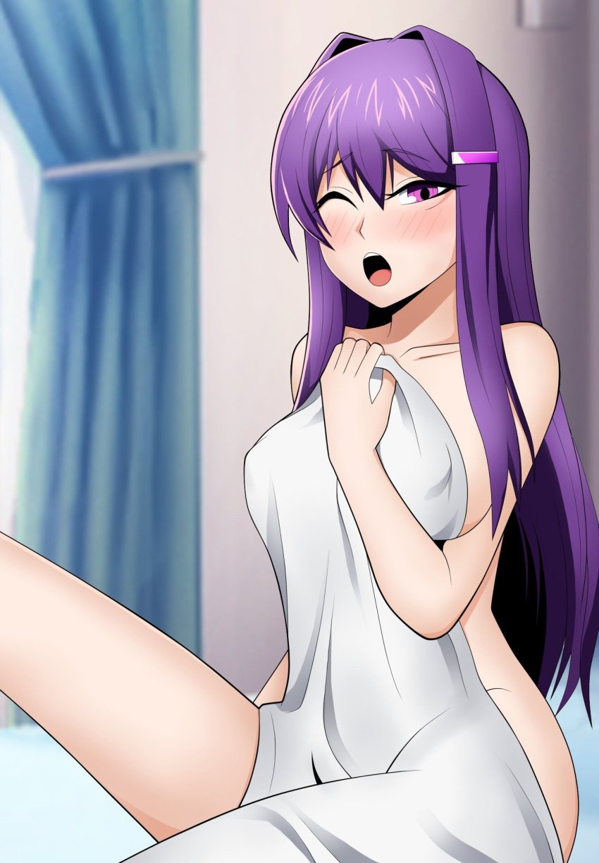 1female 1girls bare_shoulders collarbone doki_doki_literature_club eremiya female_focus long_hair mouth_open open_mouth purple_eyes purple_hair solo_focus towel towel_only yuri_(doki_doki_literature_club)