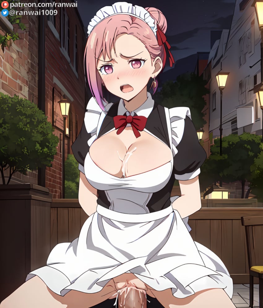 1boy ai_generated apron arms_behind_back bangs black_dress blush bow bowtie breasts brick_wall building cleavage cleavage_cutout clothed_sex clothing clothing_cutout cowgirl_position cowgirl_position dress earrings female female hair_bun headdress headwear jewelry kaguya-sama_wa_kokurasetai_~tensai-tachi_no_renai_zunousen~ koyasu_tsubame lamppost large_breasts looking_at_viewer maid maid_apron maid_headdress male nakadashi night open_mouth outdoors penis pink_eyes pink_hair puffy_short_sleeves puffy_sleeves ranwai red_bow red_bowtie semen sex short_hair short_sleeves single_hair_bun sky solo_focus spread_legs stable_diffusion straddling straight tears thighs tied_hair uniform vagina vaginal_penetration white_apron