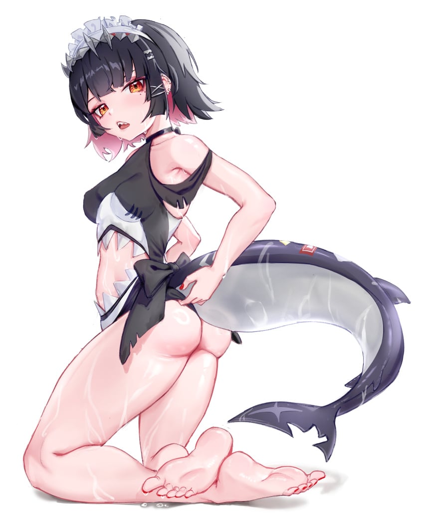 bottomless ellen_joe exposed_stomach feet from_behind large_ass large_thighs looking_back lunarisbloom_(artist) medium_breasts no_panties shark_girl shark_tail soles toes victoria_housekeeping wet wet_skin zenless_zone_zero