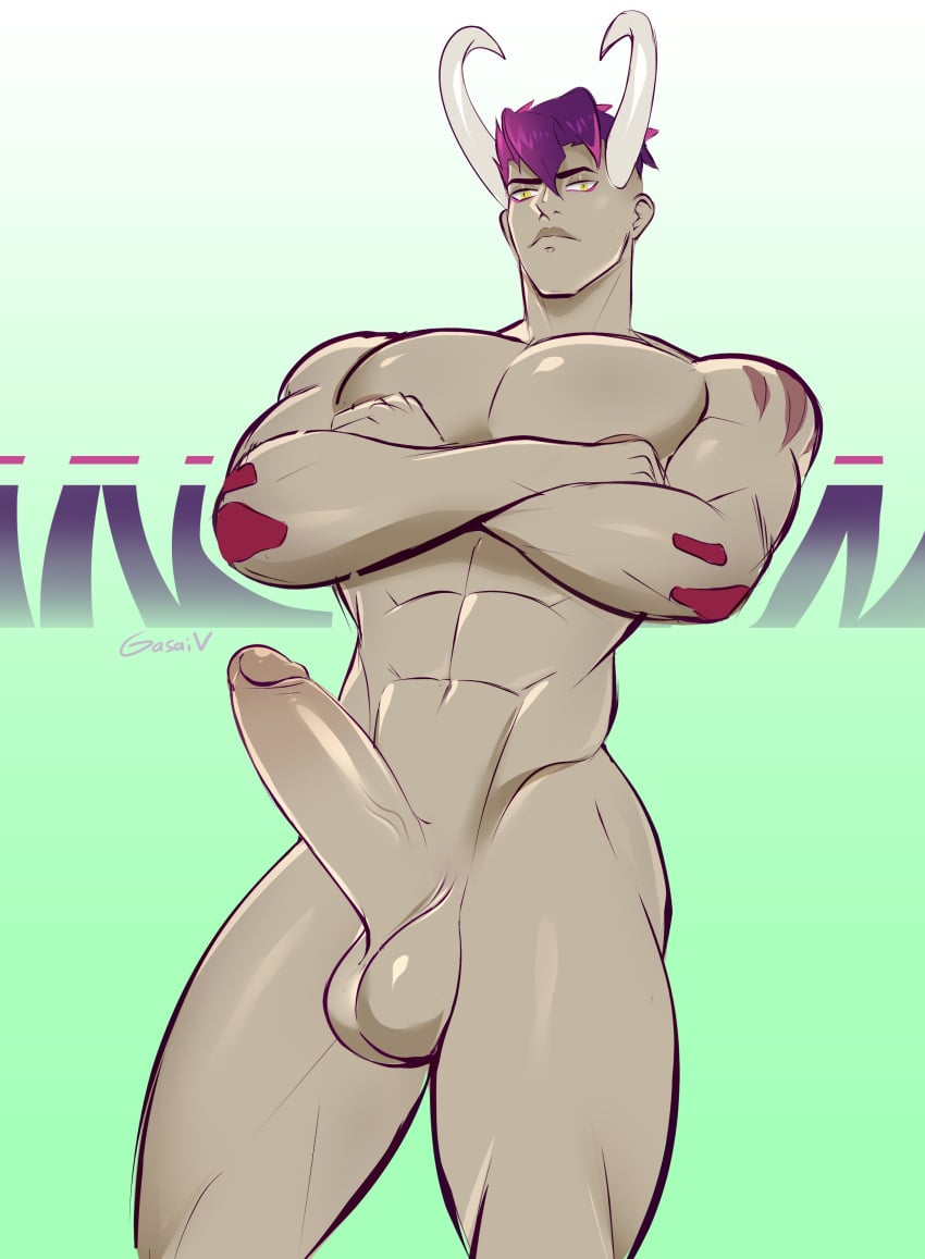 1boy abs arms_crossed arms_crossed_under_pecs balls erection gasaiv gijinka great_tusk horn looking_at_viewer looking_down looking_down_at_viewer low-angle_view male male_only muscular muscular_arms muscular_chest muscular_thighs nude pecs penis pokemon pokemon_sv pov pov_eye_contact purple_hair serious solo solo_male standing standing_over_viewer unimpressed