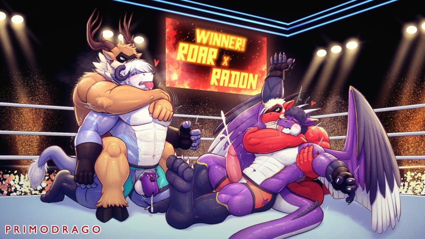 anthro bodily_fluids chastity_cage chastity_device cum deer dragon fight fighting_ring genital_fluids genitals group hi_res male male/male mammal muscular mythological_creature mythological_scalie mythology penis primodrago roar_(primodrago) scalie wrestling