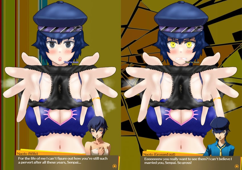 1girls abstract_background angry angry_face black_eyes black_panties blue_bra blue_hair blue_hat blush blush blushing_at_viewer breasts cabbie_hat cat's_cradle cat_keyhole_bra cat_lingerie cleavage cleavage_cutout dark_blue_hair dark_persona detective dialogue dialogue_box dialogue_bubble disappointed eddarxart embarrassed english english_dialogue english_text evil_eyes female furrowed_brow hair_between_eyes happy_female hat holding_object holding_up keyhole keyhole_bra large_breasts navel offering offering_to_viewer offering_underwear official_art panties panties_removed persona persona_4 persona_4_the_golden pervert portrait removed_bottomwear removed_clothing removed_panties reverse_trap ring shadow_naoto shirogane_naoto short_hair skid_marks solo solo_focus speaking stained_panties stained_underwear steam steaming_body talking talking_to_viewer tomboy translated very_short_hair visual_novel wedding_band wedding_ring wife wife_and_husband yellow_background yellow_eyes