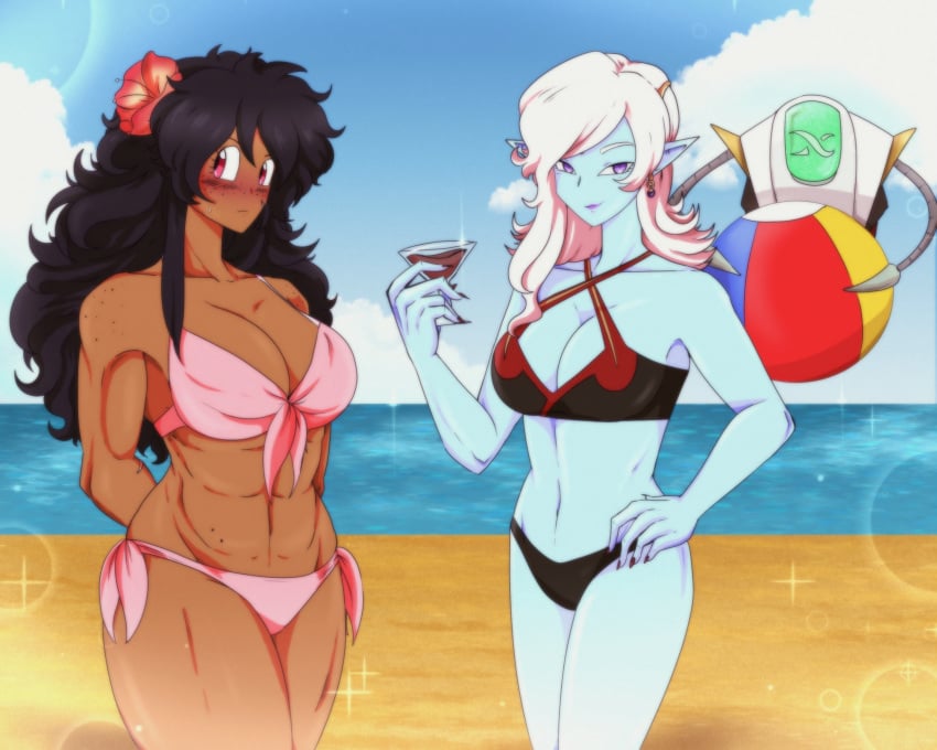 1other 2girls arms_behind_back averting_eyes beach beach_ball bikini black_hair blue_skin blue_skinned_female blush cleavage cleavage_cutout dark-skinned_female demon dragon_ball dragon_ball_xenoverse hand_on_hip hibiscus holding_glass human large_breasts long_hair looking_at_viewer maki_asabi_(peridoxikal) midriff mole_on_stomach mother-in-law_and_daughter-in-law muscular_female navel oc original_character peridoxikal pink_bikini pink_eyes pointy_ears robot tiddydoxikal towa very_long_hair white_hair