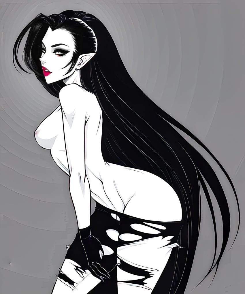 1girls ai_generated black_and_white black_hair female female_only gurman lipstick long_hair pale_skin red_lipstick side_view small_breasts solo torn_clothes vampire vampire_girl