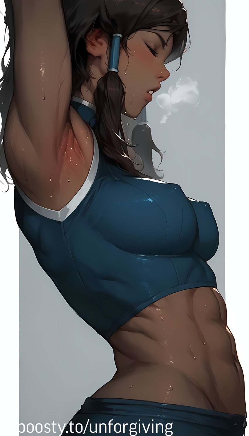 1girls ai_generated armpits avatar_legends breasts covered_nipples female hot_breath korra muscular muscular_female sweat the_avatar the_legend_of_korra unforgiving water_tribe wet