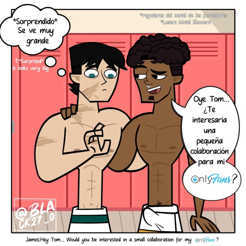 2boys abs african_male black27-0 black_hair brown_skin bulge comic dialogue disventure_camp gay james_(disventure_camp) james_costa male_only muscles muscular scar scar_on_face skinny spanish_text text thomas_reed tom_(disventure_camp) toony towel towel_only very_dark_skin yaoi