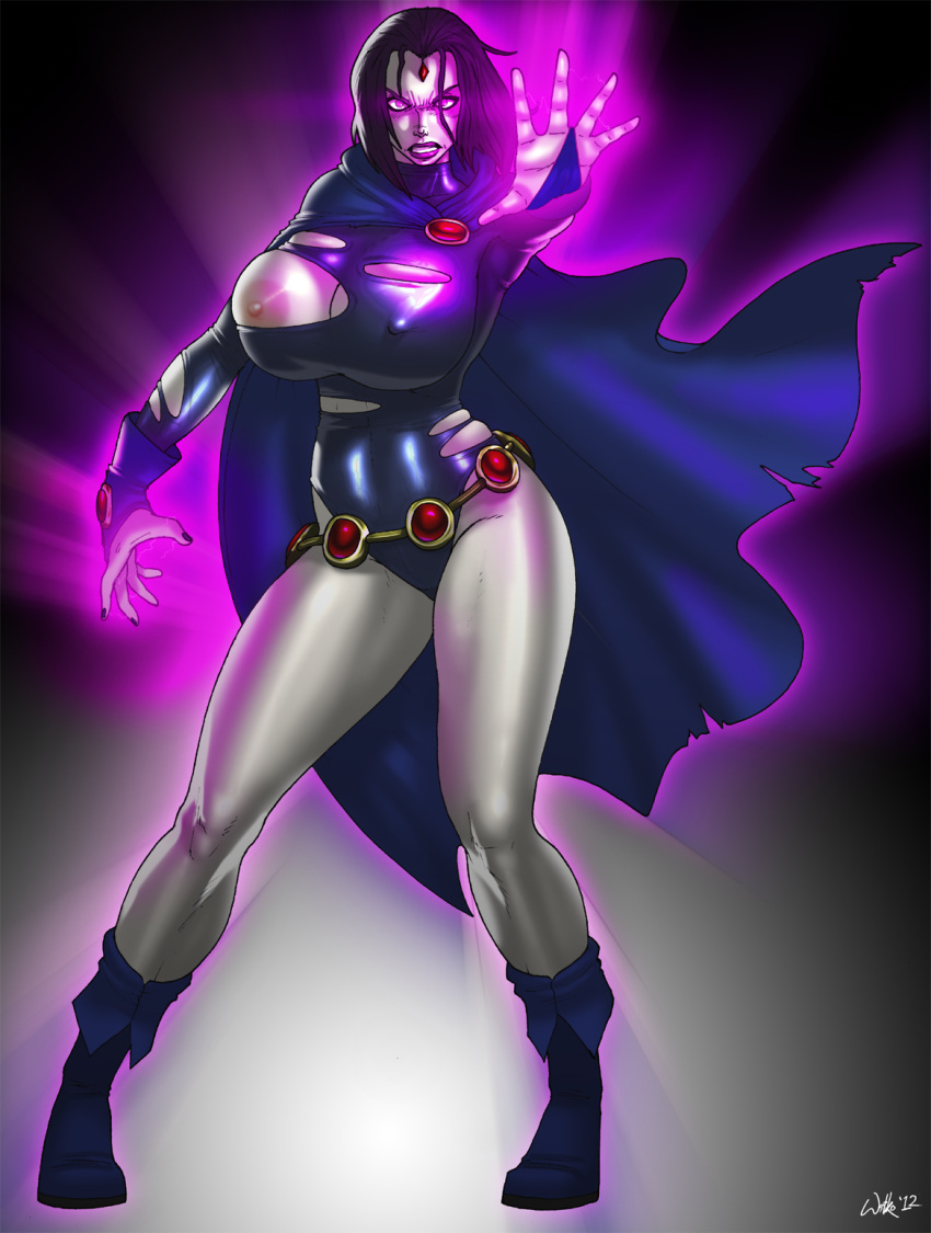 1girls 2012 aged_up areola bob_cut breasts bridal_gauntlets busty cape cartoon_network cleavage dc dc_comics female female_only huge_breasts leotard nail_polish nipples purple_eyes purple_hair rachel_roth raven_(dc) solo standing straight_hair teen_titans toonami torn_clothes voluptuous wilko