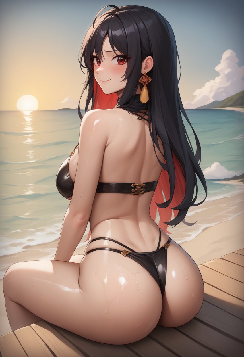 1female 1girls ai_generated ass bikini bikini_bottom bikini_top breasts commentary_request english_commentary female female_only goddess_of_victory:_nikke hi_res highres light-skinned_female light_skin mixed-language_commentary moran_(nikke) sitting solo solo_female very_high_resolution