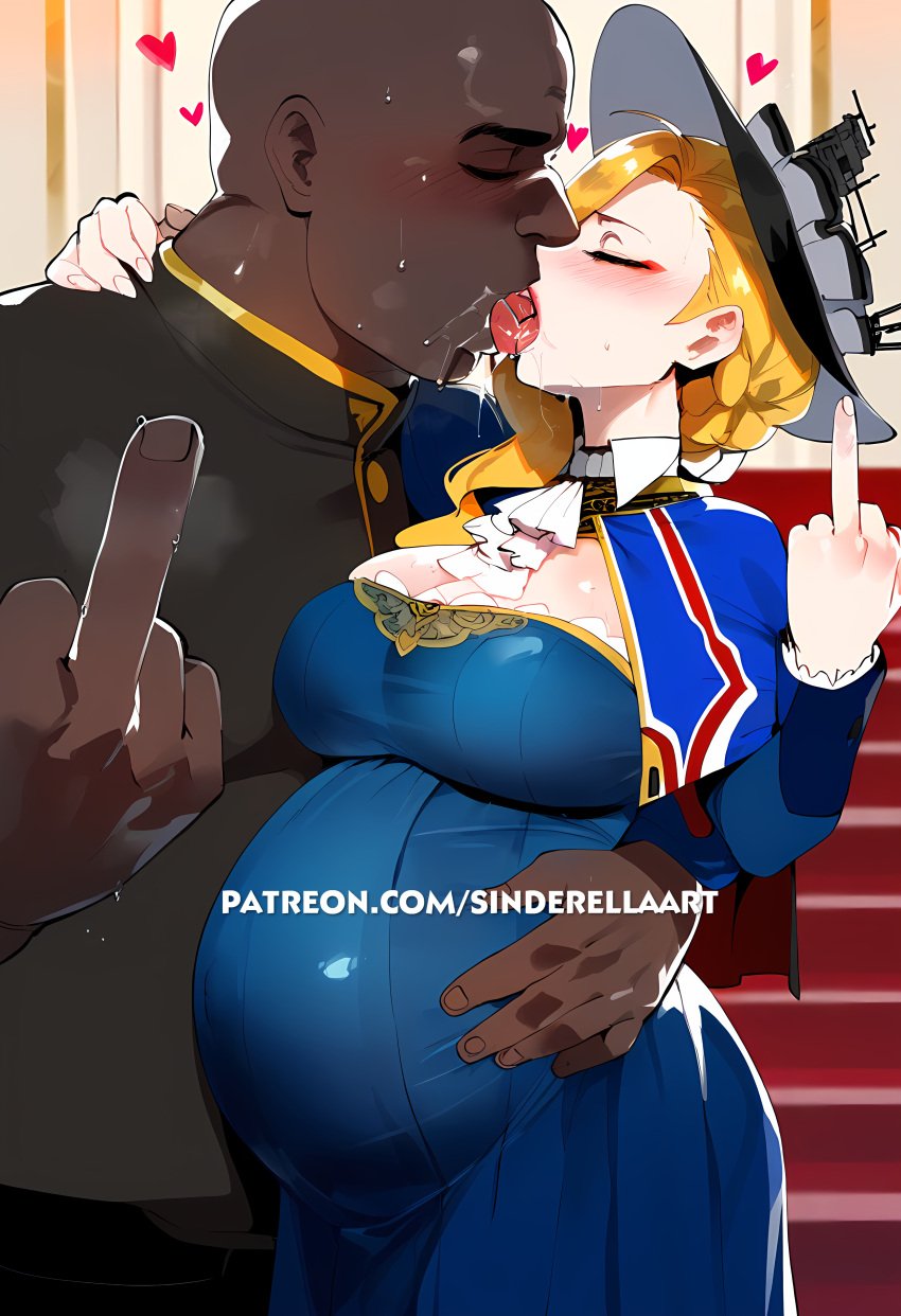 1boy 1girls ai_generated azur_lane big_breasts big_butt blonde_hair breasts cheating cuckolding dark-skinned_male dark_skin fat_man female hood_(azur_lane) huge_breasts interracial kissing large_breasts male middle_finger netorare ntr pregnant pregnant_female sinderellaart straight tongue tongue_out union_jack