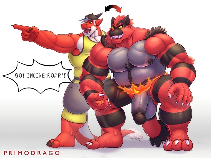 anthro belly body_swap domestic_cat dragon duo felid feline felis generation_7_pokemon incineroar male male/male mammal muscular mythological_creature mythological_scalie mythology nintendo nipples pecs pokemon pokemon_(species) primodrago roar_(primodrago) scalie trainer