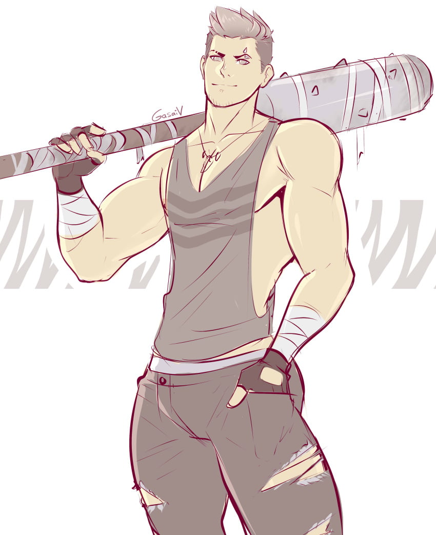 1boy clothed clothed_male club_(weapon) eyebrow_piercing fingerless_gloves gasaiv gijinka gloves grey_hair holding_weapon jeans looking_at_viewer male male_only muscular muscular_arms pants pinsir pokemon pokemon_rgby ripped_jeans slight_smile smile smiling_at_viewer solo solo_male standing tank_top weapon weapon_over_shoulder wrapped_arms