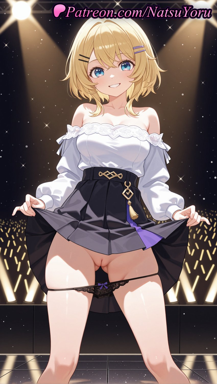 1girls ai_generated anime anime_style ass_visible_through_thighs audience bangs bare_shoulders black_panties black_skirt blonde_hair blue_eyes blush bow bow_panties breasts bust busty cleavage cleft_of_venus clothes_lift collarbone concert crossed_bangs crowd exhibitionism feet_out_of_frame female female_focus female_only flashing glowstick grin hair_clips hair_ornament hairclip hentai hi_res high-waist_skirt high_quality high_resolution highres labia lace_trim large_breasts legs_apart lifted_by_self long_sleeves looking_at_viewer medium_breasts mem-cho natsuyoru off-shoulder_shirt off_shoulder oshi_no_ko paipan panties pantsu panty_pull patreon pleated_skirt public_indecency puffy_long_sleeves pussy shaved_vagina shirt shirt_tucked_in short_hair skindentation skirt skirt_lift smile solo solo_female spotlight stadium stage stage_lights standing thighs uncensored underwear vagina voluptuous voluptuous_female white_shirt