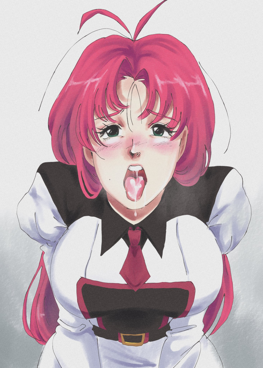 after_fellatio blush clothed cum_in_mouth devilkokonatsu dripping from_above green_eyes kneeling large_breasts looking_at_viewer looking_up oc open_mouth original original_character pink_hair retro_artstyle teeth tongue_out