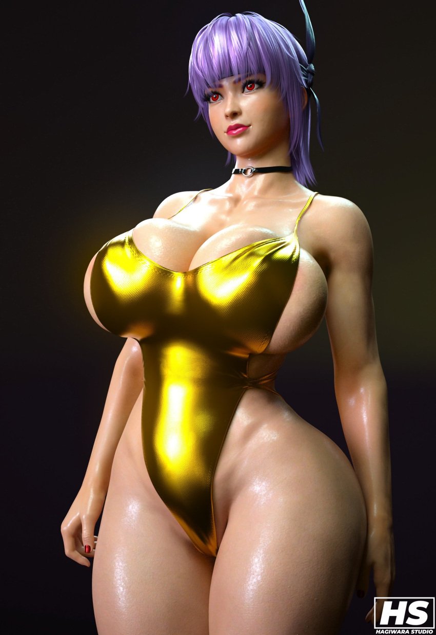 3d ayane_(doa) breasts dead_or_alive hagiwara_studio highres large_breasts purple_hair red_eyes red_lipstick swimsuit