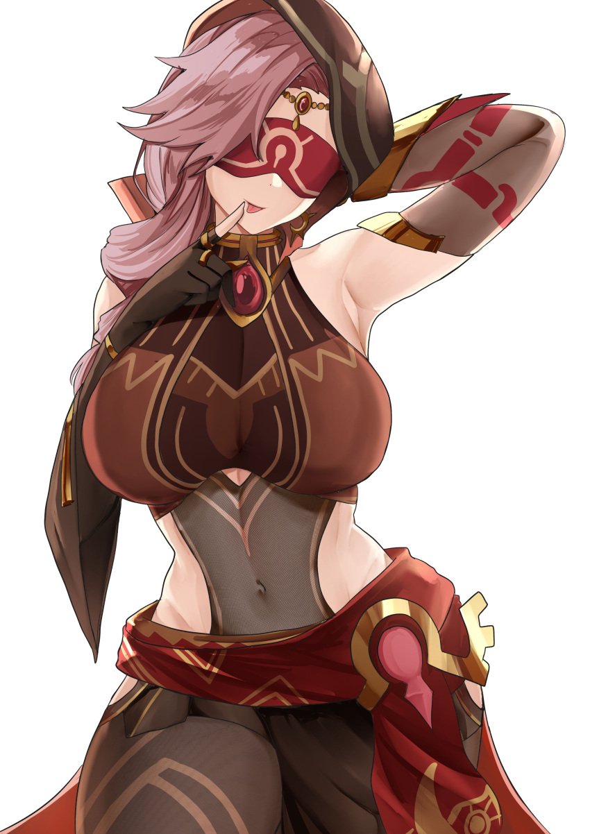 1girls big_breasts blindfold clothing eremite_(genshin_impact) eremite_scorching_loremaster_(genshin_impact) female female_only genshin_impact hand_on_head medium_hair npc pink_hair revealing_clothes skimpy standing