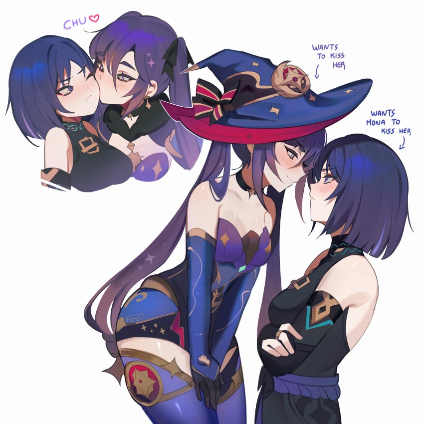 2girls blush breasts crossed_arms english_text female female_only gender_transformation genderswap_(mtf) genshin_impact kissing leaning_forward memeh mona_(genshin_impact) needy rule_63 scaramouche_(genshin_impact) short_hair taller_girl twintails yuri