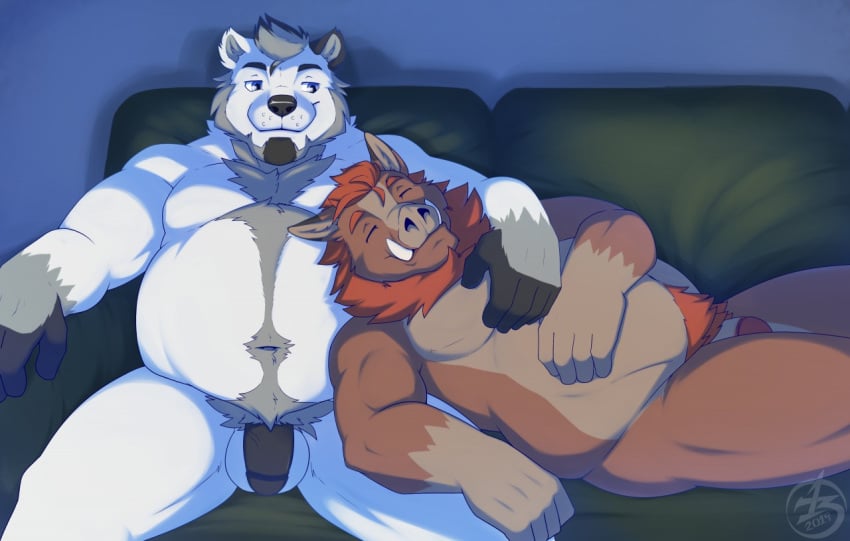 2019 anthro balls bauer_(pudgybear) bear beard belly biceps big_belly black_hair blackmailz blue_eyes body_hair chest_hair content facial_hair flaccid fur furniture genitals grey_hair hair hand_on_belly happy_trail head_on_belly hug looking_at_another looking_at_partner male male/male mammal manly mature_male moobs multicolored_body multicolored_fur musclegut muscular muscular_thighs navel nude on_sofa overweight overweight_male pecs penis polar_bear porter_(pudgybear) pubes red_hair sleeping smile sofa solo spread_legs spreading suid suina sus_(pig) triceps tusks two_tone_body two_tone_fur ursine wild_boar