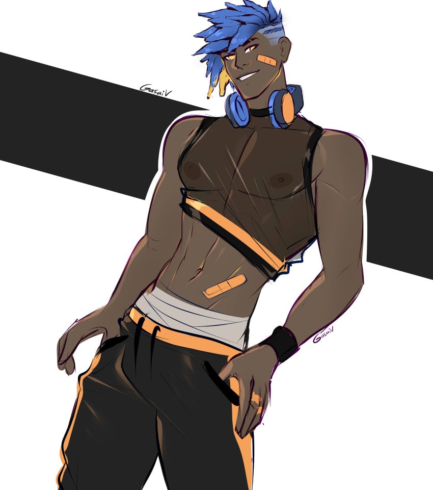 1boy abs bandaid bandaid_on_face blue_hair croagunk eyebrow_slits gasaiv gijinka headphones headphones_around_neck looking_at_viewer male male_only mesh_shirt muscular nipples pecs pokemon pokemon_dppt shirt_lift smile smiling_at_viewer smug solo solo_male standing sweatpants undercut wraps wristband