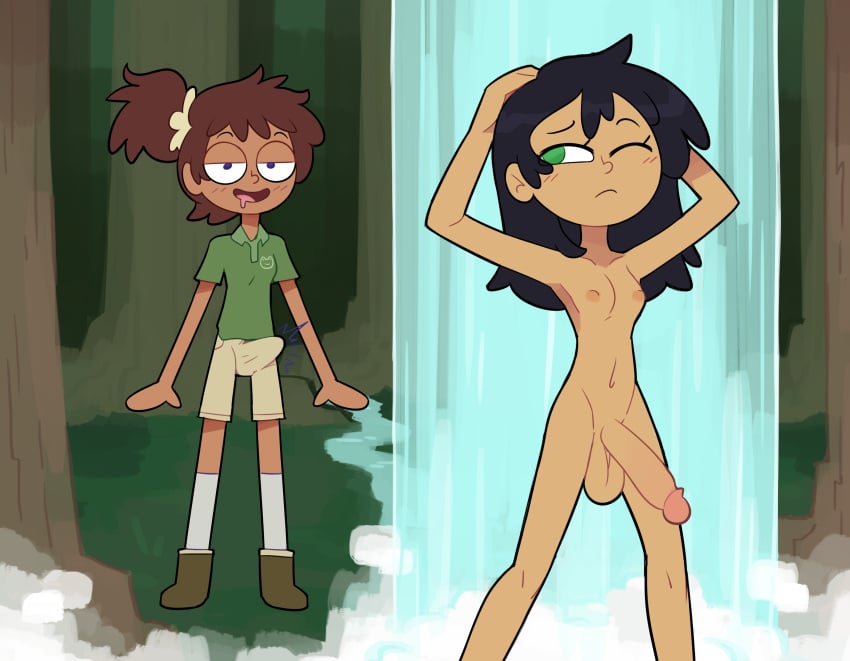 2futas amphibia amphibia_(series) anne_boonchuy areolae balls big_balls big_dick big_penis black_hair black_skin boner breasts brown_hair bulge clothed dick dickgirl disney disney_channel drooling duo erection forest forest_background fully_clothed futa_only futanari green_eyes human light_skin long_hair marcy_wu miscon nipples nude nude_futa penis rain satisfied second-party_source short_hair shower showering small_breasts smooth_balls smooth_penis spittle standing stockings tan-skinned_futanari