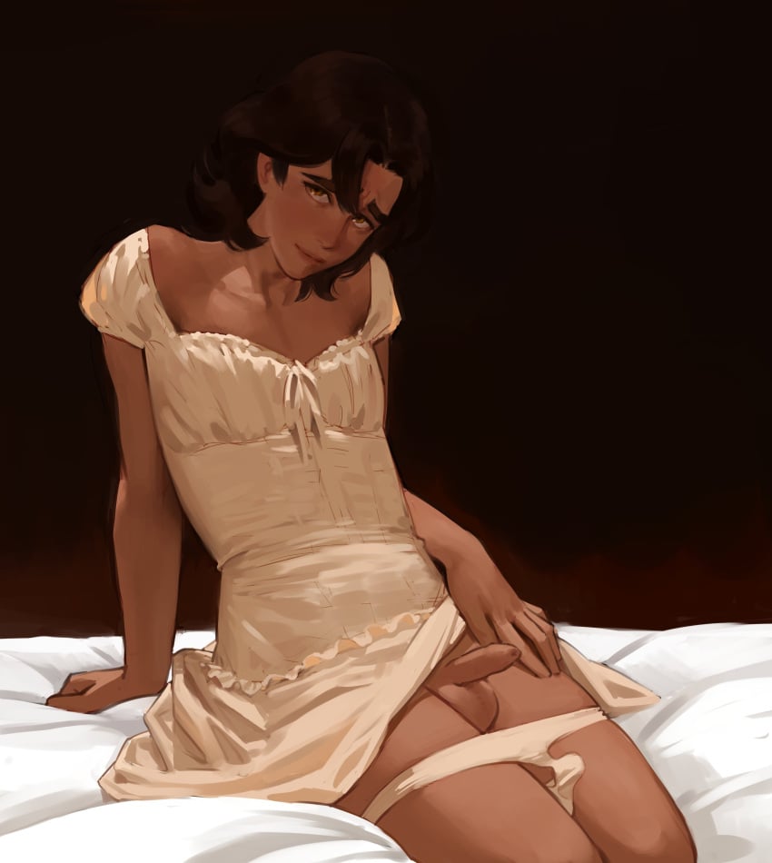 1boy 2d 2d_(artwork) brown_eyes brown_hair brown_skin crossdressing crossdressing_male cute cute_face cute_male dark-skinned_femboy dark_skin dress_lift dress_pull dress_up femboy femboy_focus femboy_only feminine feminine_body feminine_faced_male feminine_male feminization foreskin foreskin_folds lacryboy laying_on_bed male male_only original original_character panties_around_legs panties_down pinup presenting presenting_penis showing_penis sissy skinny_male small_penis solo solo_femboy tiny_penis trap twink uncircumcised uncircumcised_penis