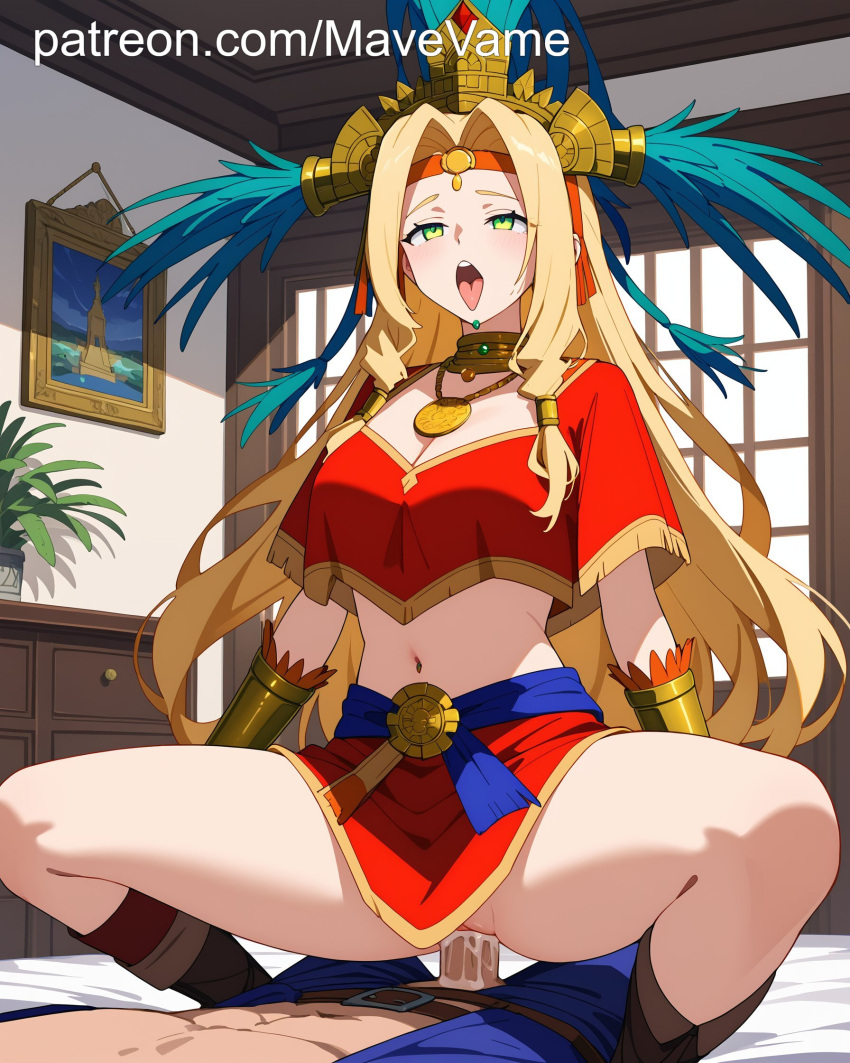 ahe_gao ahegao_face ai_generated blonde_hair cowgirl_position cum cum_in_pussy cum_inside fate/grand_order green_eyes open_mouth penis quetzalcoatl_(fate) slender_body tongue_out