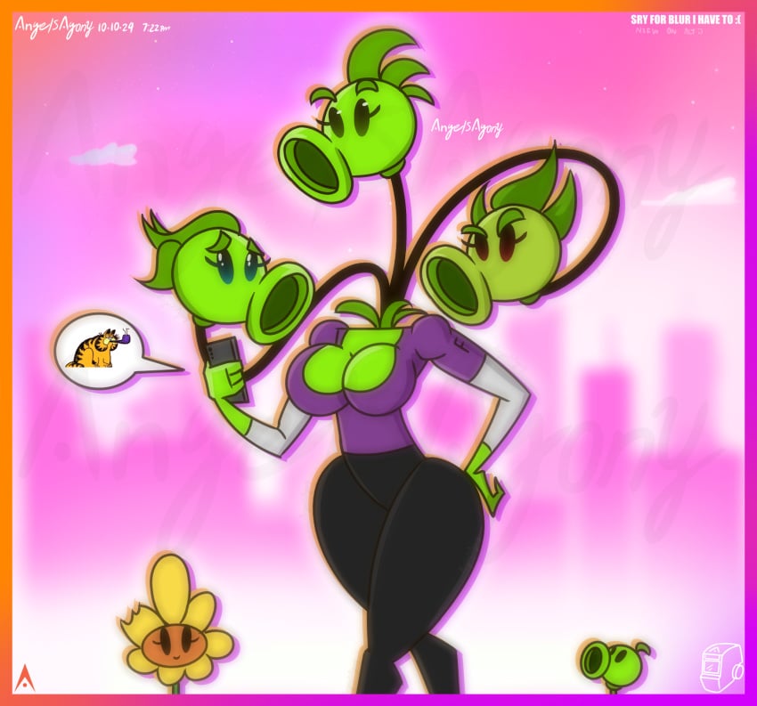 2d 2d_(artwork) 3girls agonywelds angelsagony ass big_breasts female garfield_(series) garfield_the_cat looking_at_phone meme peashooter_(pvz) plant plant_girl plantie plants_vs_zombies pvz smoking_pipe sunflower_(pvz) taller_girl thick_ass thick_thighs thighs threepeater_(pvz) wide_hips