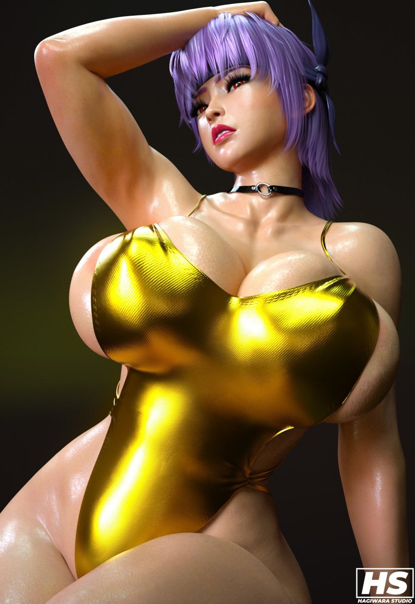 3d ayane_(doa) breasts dead_or_alive hagiwara_studio highres large_breasts purple_hair red_eyes red_lipstick swimsuit