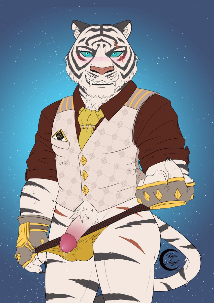 alternate_color anthro balls balls_outline black_stripes blue_eyes blue_sclera blush blush_lines bodily_fluids brown_clothing brown_handwear bulge circumcised claws clothed clothing clothing_pull detailed_bulge dress_shirt dripping epic_games eye_scar facial_scar fangs felid finger_claws fortnite fur genital_fluids genital_outline genitals gloves green_clothing half_naked handwear hi_res humanoid_genitalia humanoid_penis jewelry kain.angel leaking_precum male mammal markings muscular muscular_male necktie oscar_(fortnite) pantherine partially_clothed pattern_clothing pattern_topwear pattern_underwear pattern_vest pecs penis pose precum precum_drip scar scraf shirt simple_background smile smiling_at_viewer smirk smirking_at_viewer solo striped_body striped_fur striped_markings striped_tail stripes suggestive_pose tail tail_markings teeth thong tiger topwear underwear underwear_pull vest vest_pocket whisker_spots whiskers white_body white_fur yellow_clothing yellow_necktie yellow_underwear