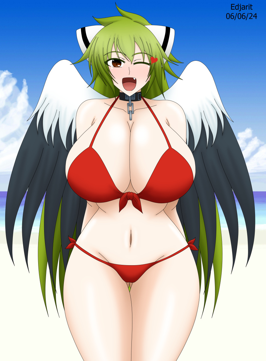 <3 1girls 2024 angeloid artist_name bikini breasts dated edjarit-117 fang green_hair harpy_(sora_no_otoshimono) huge_breasts kadokawa_shoten long_hair milf red_eyes robot_ears self_upload smile sora_no_otoshimono swimsuit tagme wings wink