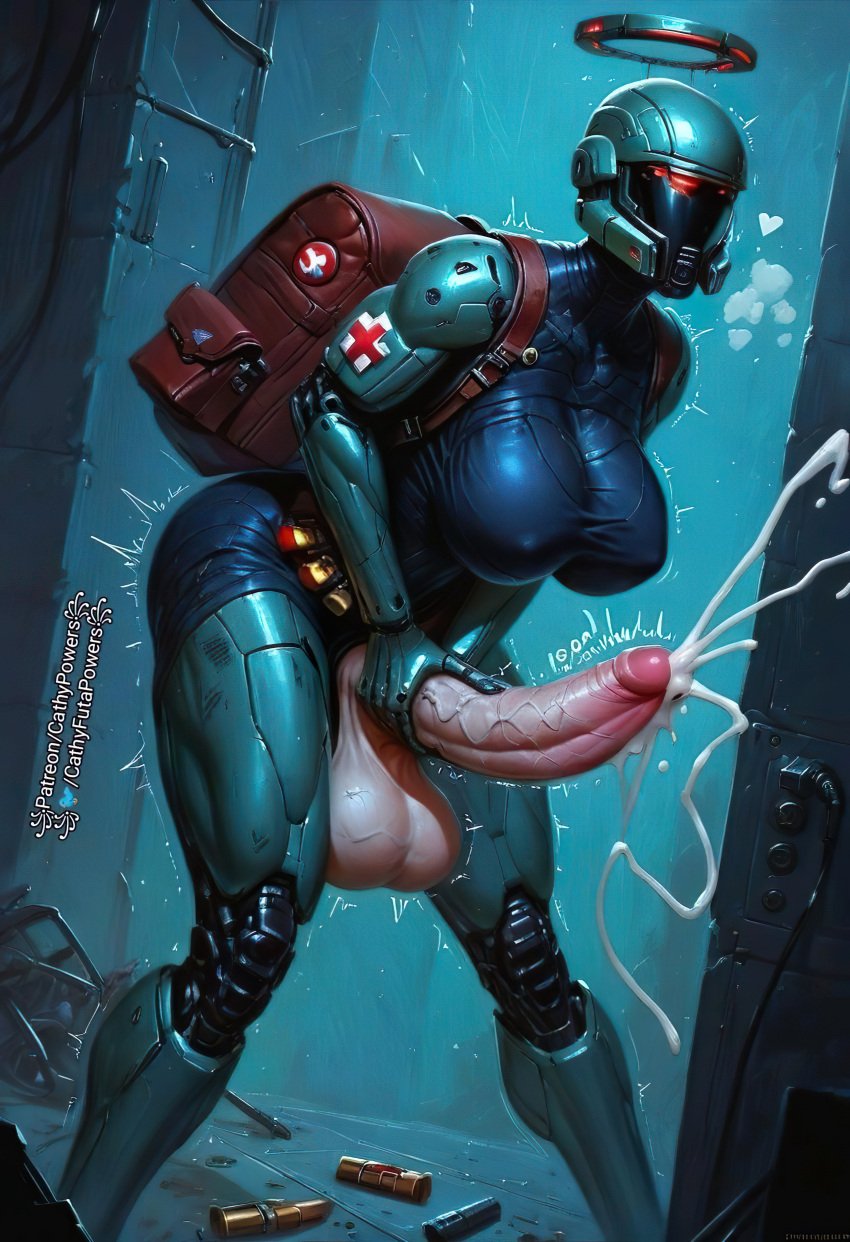 1futa ai_generated armor balls cathy_powers cum cum_overflow excessive_cum futanari futuristic grabbing_penis halo hard_nipples helmet hi_res hidden_face huge_ass huge_breasts huge_cock jerkingoff looking_at_viewer masturbation medic orgasm original_character patreon self_upload shaking soldier solo steam wardrobe_malfunction