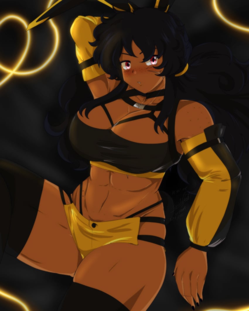 cleavage dark-skinned_female detached_sleeves dragon_ball dragon_ball_xenoverse female glowing large_breasts lying_on_back maki_asabi_(peridoxikal) midriff muscular_female navel oc on_back original_character peridoxikal pink_eyes scar_on_face solo solo_female thighs thong_straps tiddydoxikal