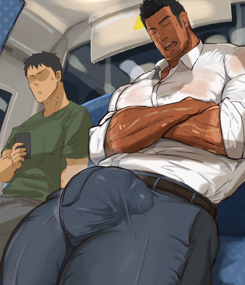 balls_under_clothes bara beefy big_bulge bulge clothing daddy erection_under_clothes flaccid gay huge_bulge male male/male male_only manly mature_male muscular_male penis_outline penis_under_clothes public_transportation tight_clothing waribashi