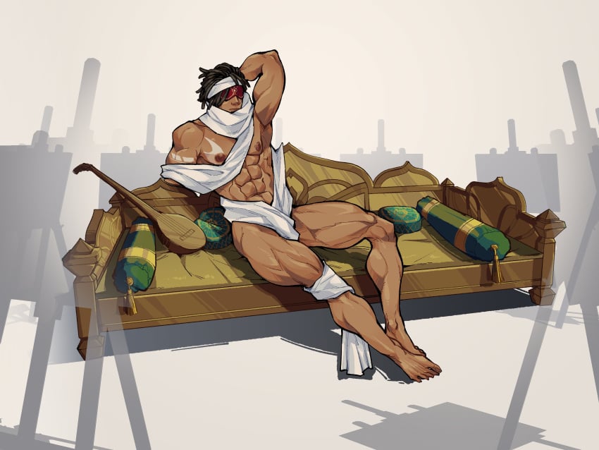 1boy azariq_(genshin_impact) black_hair blindfold blindfolded dark_skin eremite_(genshin_impact) eremite_stone_enchanter_(genshin_impact) genshin_impact male male_only muscular naked npc short_hair sitting