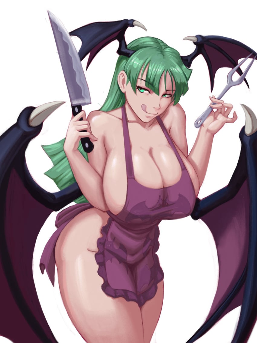 1girls apron breasts butcher_knife cleavage darkstalkers demon_wings female fork green_eyes green_hair head_wings huge_breasts knife long_hair morrigan_aensland naked_apron smirk solo succubus tongue_out white_background wings zilvan