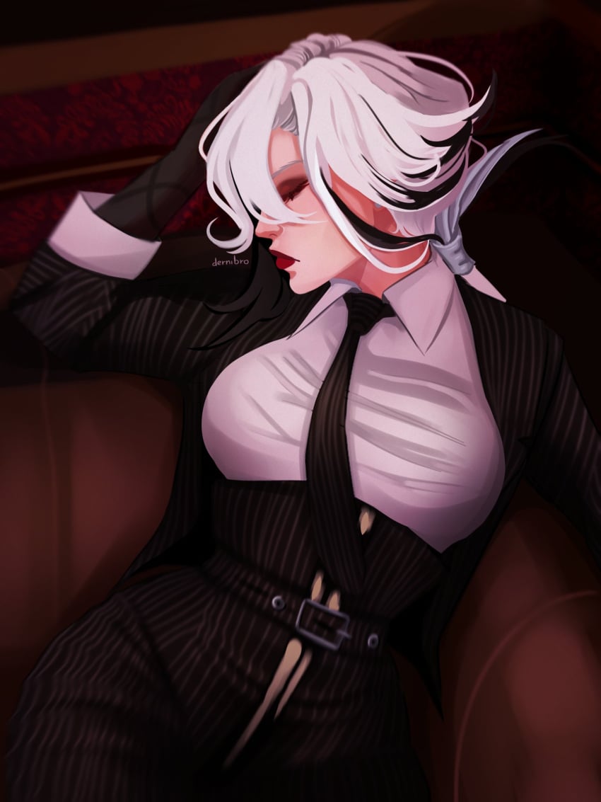 1girls arlecchino_(genshin_impact) closed_eyes clothing dyed_hair fatui female female_only genshin_impact lipstick short_hair sitting suit white_hair