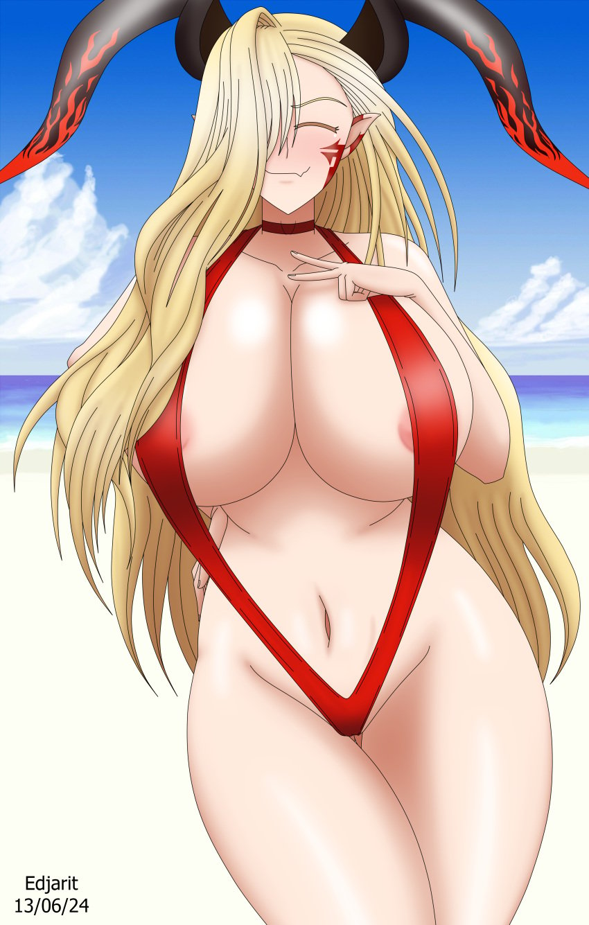 bangs_over_one_eye barely_clothed barely_contained_breasts barely_covered_crotch barely_visible_areola barely_visible_nipples beach belly_button big_boobs big_breasts big_horns bikini blonde_female blonde_hair closed_eyes closed_smile dated edjarit-117 facial_markings facial_tattoo fate/grand_order fate_(series) flesh_fang hand_on_breast hand_on_head horns huge_breasts large_breasts long_hair micro_monokini micromonokini monokini nero_claudius_(fate) nip_slip nip_tease nipple_slip nipple_tease one-piece_swimsuit outdoor outdoors peace_sign pointy_ears posing posing_for_picture posing_for_the_viewer queen_draco_(fate) shaved_crotch shaved_pussy simple_background simple_shading smile tagme tattoo two_tone_horn two_tone_horns