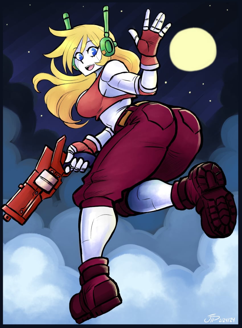 1girls absurdres antennae ass blonde_hair blue_eyes boots booty cave_story cloud cloudy_sky curly_brace dated doukutsu_monogatari female fingerless_gloves gloves gun highres holding holding_weapon long_hair looking_back moon night one_leg_raised open_mouth pale_skin robot salute sky smile videajames weapon