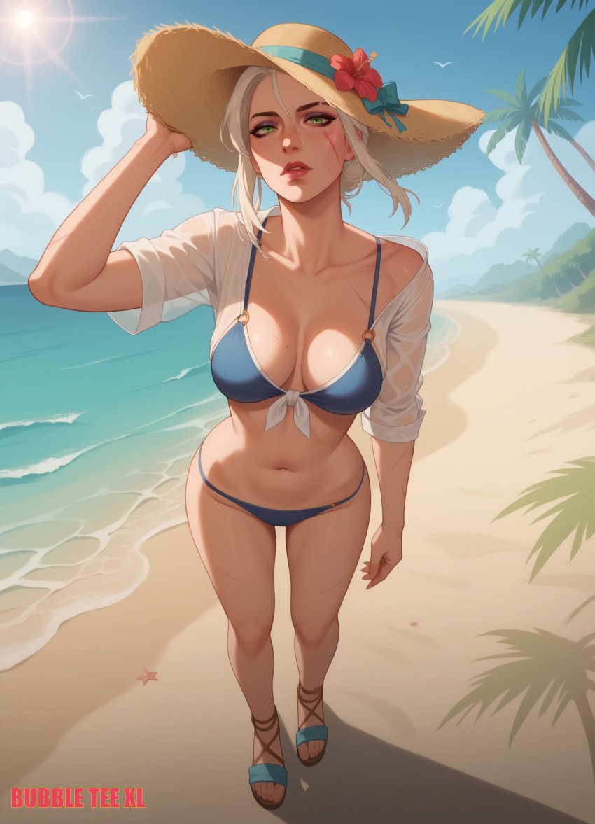 ai_generated beach breasts bubbleteexl ciri female green_eyes hat light-skinned_female looking_at_viewer mascara scar sea solo swimsuit the_witcher_(series) the_witcher_3:_wild_hunt white_hair