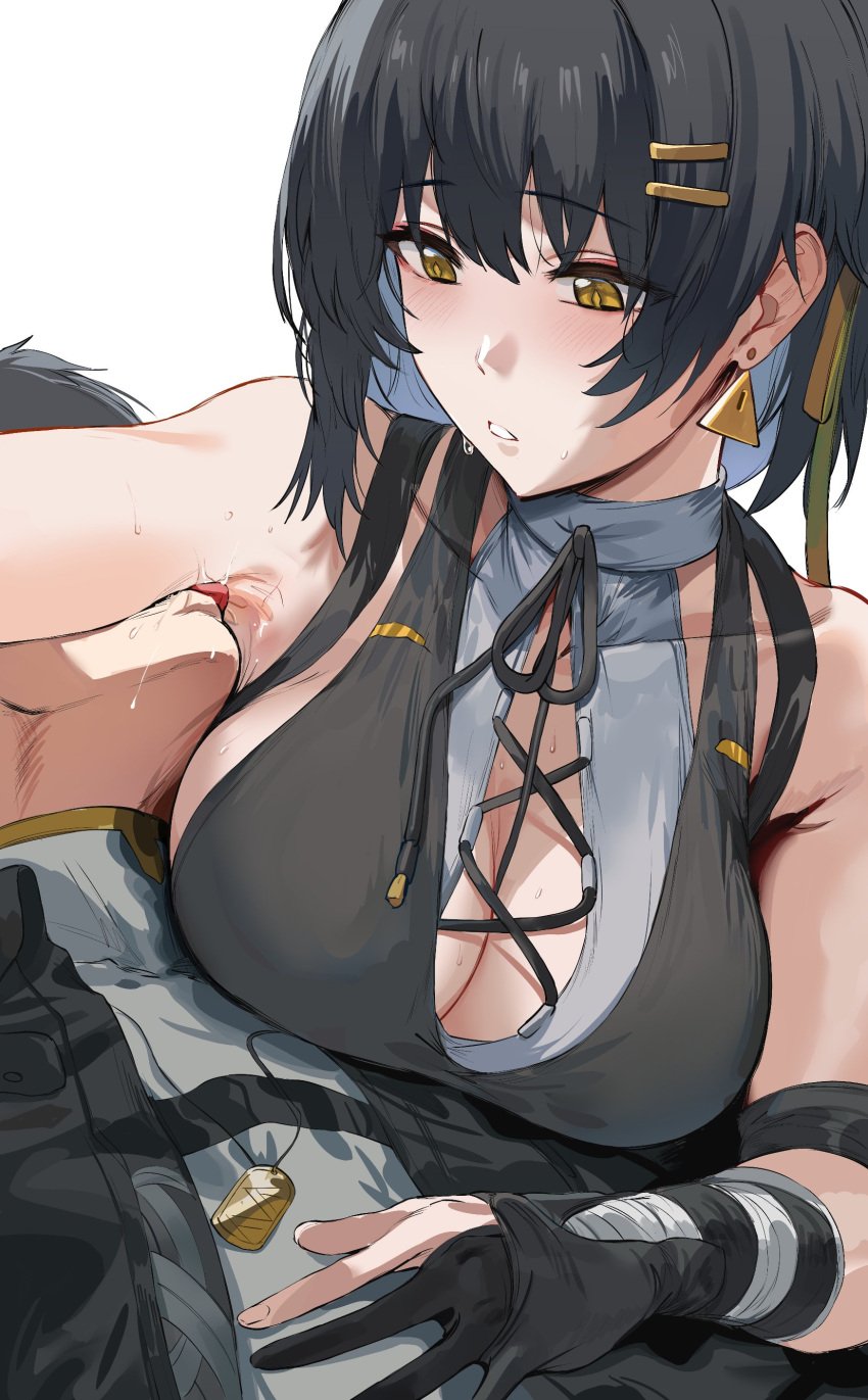 1boy 1girls armpit_licking armpits bare_shoulders black_dress black_gloves black_hair black_jacket blush blushing breasts chinese_clothes cleavage dog_tags dress earrings female_rover_(wuthering_waves) fingerless_gloves grey_shirt hair_ornament hews_hack hi_res large_breasts licking long_hair lying lying_on_back male_rover_(wuthering_waves) rover_(wuthering_waves) saliva selfcest sideboob simple_background straight surprised_expression sweat tongue tongue_out turtleneck white_background wuthering_waves