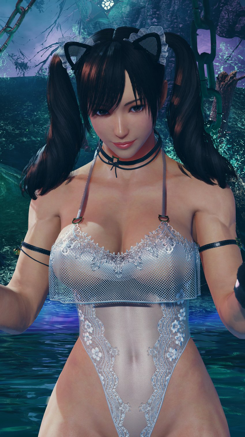 1girls alluring big_breasts black_hair brown_eyes cleavage double_ponytail envy15re2lm ling_xiaoyu lingerie mod namco one-piece_lingerie tekken tekken_8